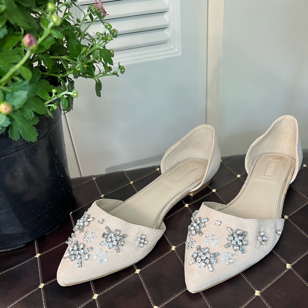 Cream Bedazzled rhinestone pointed toe faux suede Flats
